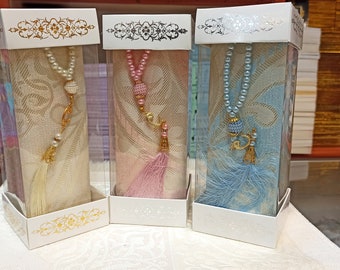 Juego de alfombras de oración personalizadas, regalo de Ramadán, regalo de bodas, regalo de Eid, regalo de Hajj Umrah, musallah, estera de oración, alfombra de oración Pearl Tasbeeh, Sajadah