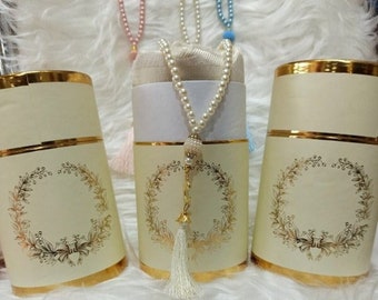 Personalized Prayer Rug Set: Cylinder Gift Box, Pearl Tasbeeh