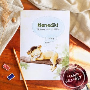 Original Aquarell Geburtsbild Geburtsanzeige Geburtsdaten Geburtsposter Handgemalt Personalisiert Geburt Geschenk Baby Sternzeichen Löwe