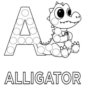 May include: A black and white line drawing of the letter A with a cartoon alligator sitting next to it. The letter A is made up of circles that can be colored in. The alligator is also made up of circles that can be colored in. The word "ALLIGATOR" is written below the letter and alligator.