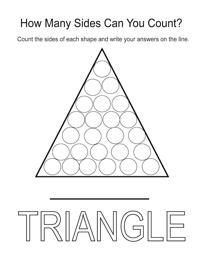 May include: Black and white illustration of a triangle shape filled with circles. The text 'TRIANGLE' is written below the shape.  This is a printable worksheet for kids to learn about shapes.