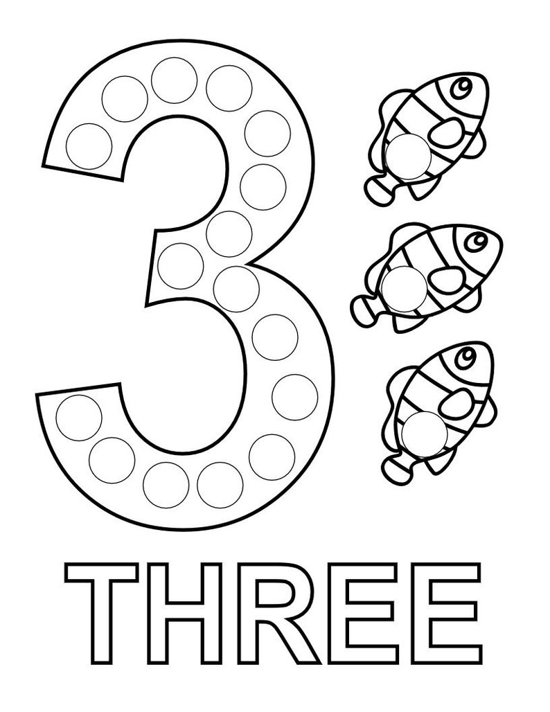 May include: Black and white illustration of the number three with three clownfish. The number three is made up of circles that can be colored in. The word "THREE" is written below the number.