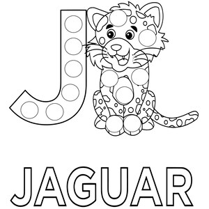 May include: Black and white line art illustration of the letter J with a jaguar sitting next to it. The letter J and the jaguar are filled with circles for dot painting. The word "JAGUAR" is written below the letter and jaguar.