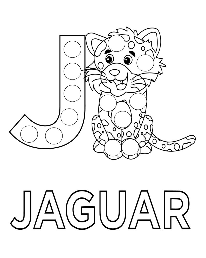 May include: Black and white line art illustration of the letter J with a jaguar sitting next to it. The letter J and the jaguar are filled with circles for dot painting. The word "JAGUAR" is written below the letter and jaguar.