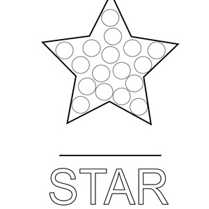 May include: A black and white outline of a star with 30 circles inside. The word "STAR" is written below the star. The text "Hint: A Star has points." is written below the word "STAR".