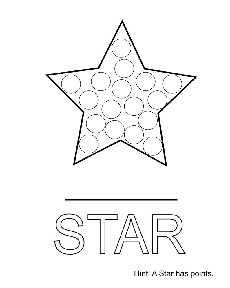 May include: A black and white outline of a star with 30 circles inside. The word "STAR" is written below the star. The text "Hint: A Star has points." is written below the word "STAR".