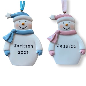 Personalised Christmas Decoration Snowman 1st Xmas Gift Ornament Resin New Baby Pink Blue Keepsake Bauble Present Idea Alphabet Barn 2023