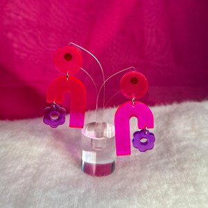 Neon Pink and Purple Flower Drop Translucent Handmade Resin Dangle Earrings