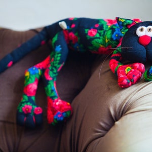 Black designer plush cat toy. Ukrainian Art doll cat. Fabric Textile cat. Art cat made of Ukrainian shawl. Made in Ukraine