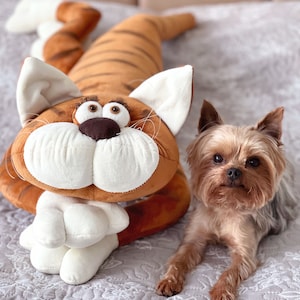 Giant velour Plush Ginger Cat. Huge handmade plush cat home decoration and pillow. Cozy toy for home. Made in Ukraine