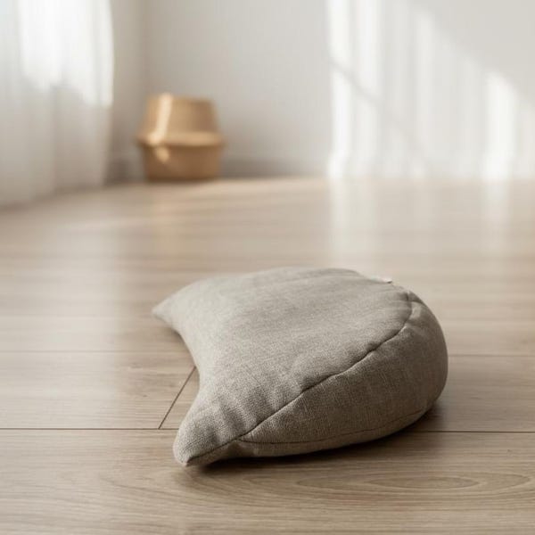 HALF MOON CUSHION, Handmade. Natural Materials. Cover 100% Linen, filled with Buckwheat Husks.