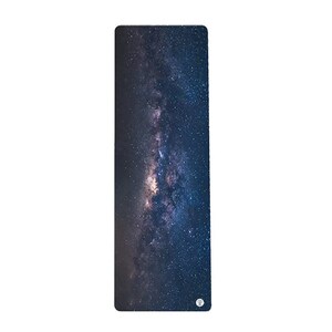 May include: A dark blue yoga mat with a printed image of the Milky Way galaxy. The mat has a subtle texture and a circular logo in the bottom right corner.
