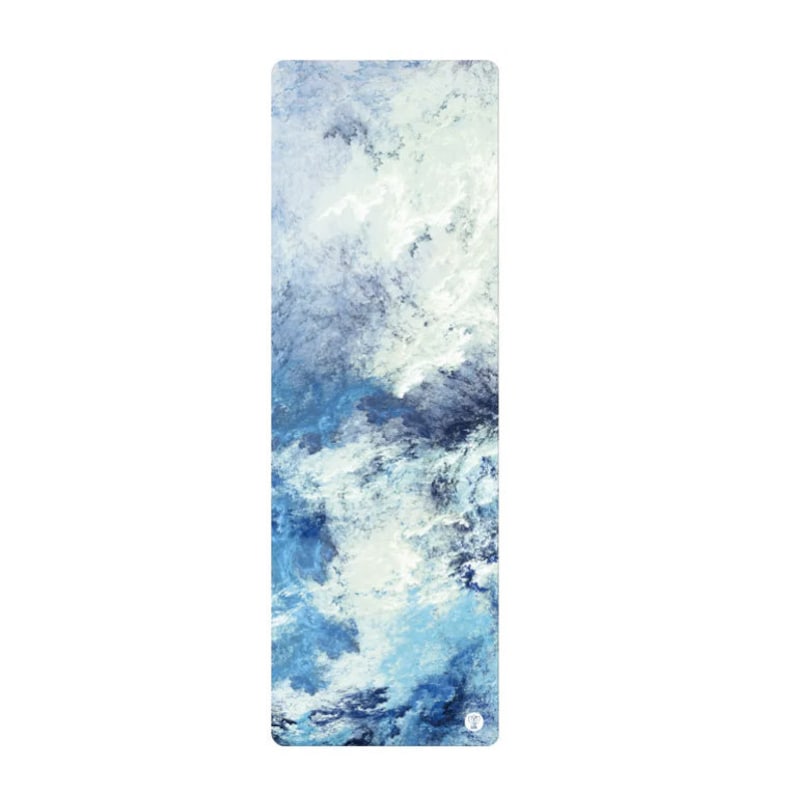 May include: A blue and white yoga mat with a marbled design. The mat has a subtle texture and a light blue color.