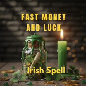 May include: A glass jar with a green wax seal and a cork stopper, filled with shamrocks and a scroll, next to a lit green candle. The text "FAST MONEY AND LUCK" and "Irish Spell" are displayed in yellow.