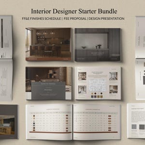 May include: An interior design starter bundle with the text "Interior Designer Starter Bundle" and "FF&E FINISHES SCHEDULE | FEE PROPOSAL | DESIGN PRESENTATION". The bundle includes design presentations, schedules, and fee proposals.
