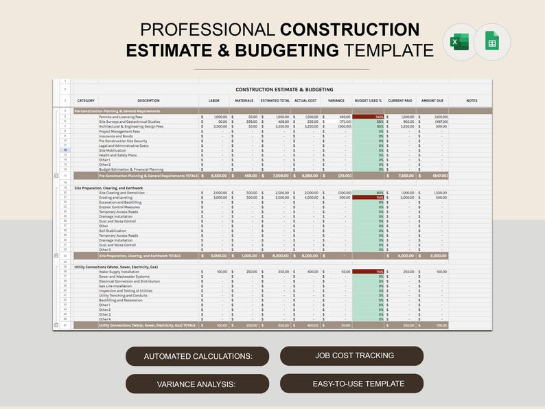 Construction Budget and Estimate Worksheet Construction Bid