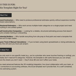May include: A beige document with black text detailing who a template is for. The text includes "Perfect For" and lists general contractors, professional estimators, small construction companies, residential builders, and those tired of manual calculations.