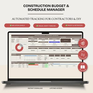 Könnte beinhalten: Ein Laptop zeigt ein Dashboard zur Bau-Budget- und Zeitplanverwaltung. Der Bildschirm zeigt eine Tabelle mit Diagrammen und Daten. Der Text auf dem Bildschirm enthält "Inflation Shield", "Visual Gantt Timeline" und "Profit & Retention".