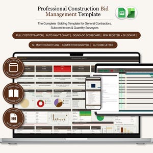 Könnte beinhalten: Ein digitales Bauausschreibungs-Management-Template wird auf einem Laptop, Tablet und Smartphone angezeigt. Zu den Funktionen gehören ein vollständiger Kostenrechner, ein automatisches Gantt-Diagramm und ein Risikoregister. Das Bild zeigt auch ein Projektbeispiel, einen Käufer-PDF-Leitfaden.