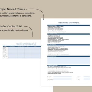 May include: Two white sheets of paper with text and blue lines. One sheet is labeled "Project Notes & Assumptions" and the other is a "Vendor & Supplier Contact List". The background is a light tan color.