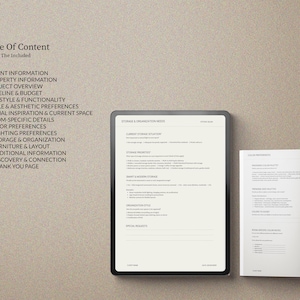 May include: A digital tablet and an open book are displayed on a neutral background. The tablet shows text related to storage and organization needs. The book's pages are filled with text about color preferences. The image also includes a table of contents.