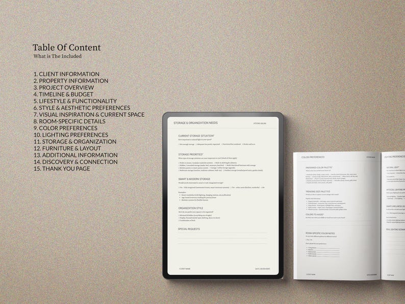 May include: A digital tablet and an open book are displayed on a neutral background. The tablet shows text related to storage and organization needs. The book's pages are filled with text about color preferences. The image also includes a table of contents.
