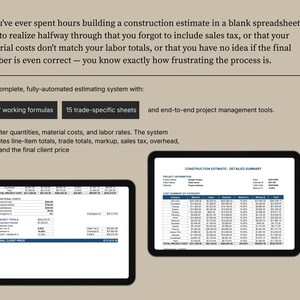 May include: Two tablets displaying construction estimate data. The image includes text describing an automated estimating system with 2,277 working formulas, 15 trade-specific sheets, and end-to-end project management tools.