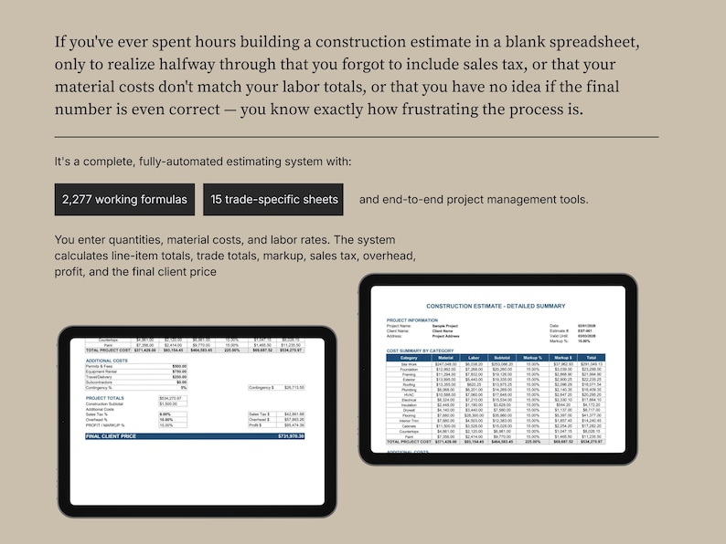 May include: Two tablets displaying construction estimate data. The image includes text describing an automated estimating system with 2,277 working formulas, 15 trade-specific sheets, and end-to-end project management tools.