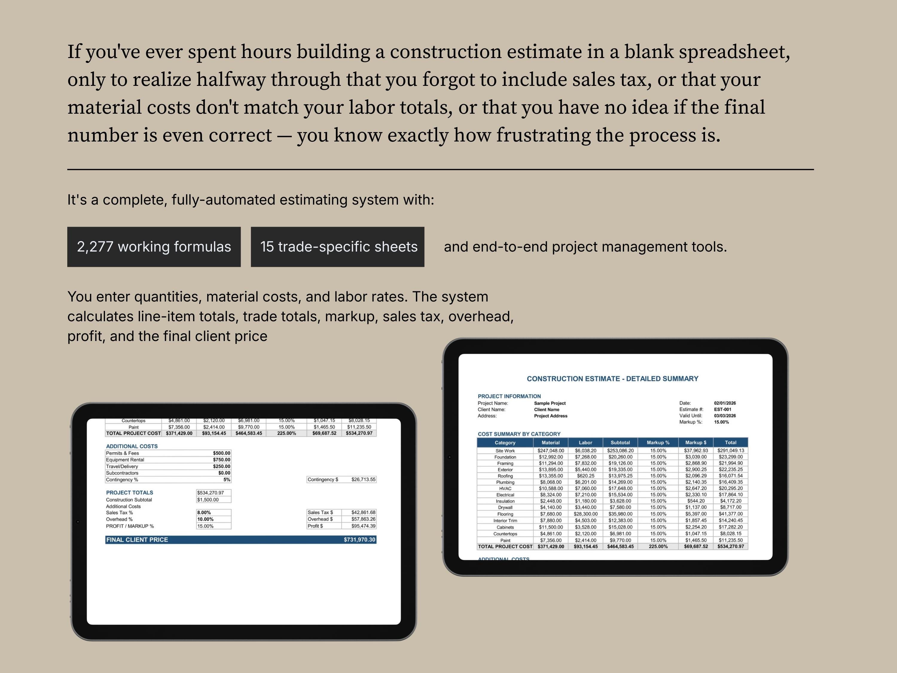 Construction Estimate Calculator Pro | Contractor Estimating Template ...