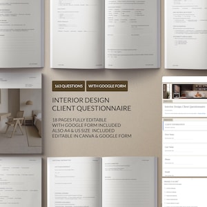 May include: An open book and digital forms with the text "INTERIOR DESIGN CLIENT QUESTIONNAIRE". The questionnaire includes 163 questions and is fully editable. The forms are available in A4 and US sizes and are editable in Canva and Google Forms.