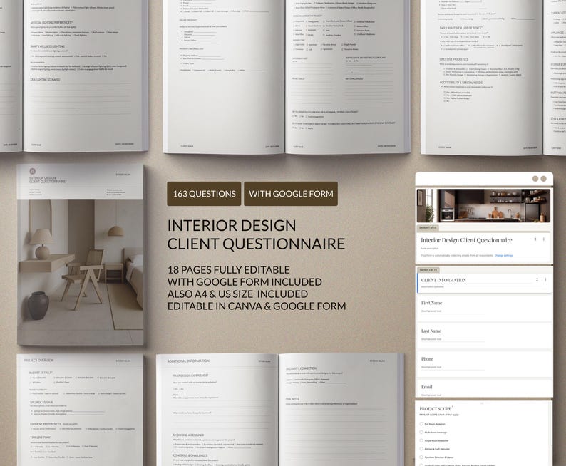 May include: An open book and digital forms with the text "INTERIOR DESIGN CLIENT QUESTIONNAIRE". The questionnaire includes 163 questions and is fully editable. The forms are available in A4 and US sizes and are editable in Canva and Google Forms.