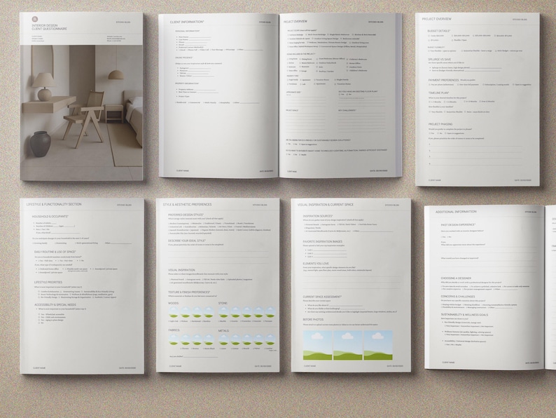 May include: A collection of open booklets and pages with text, likely forms or questionnaires. The top left booklet features a photograph of a room. The pages are white with black text, arranged on a light beige surface. The text is legible.