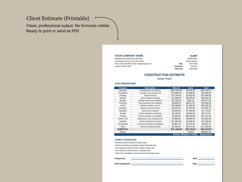 May include: A printable construction estimate document with a cost breakdown table. The document includes sections for client information, project details, and terms and conditions. The text "Client Estimate (Printable)" is at the top.