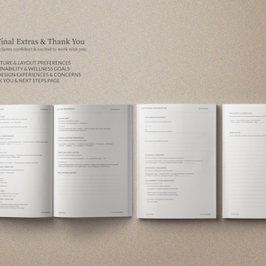 May include: Four open pages of a booklet with text on a light beige background. The text includes "07. Final Extras & Thank You" and other headings such as "Furniture & Layout Preferences" and "Sustainability & Wellness Goals".
