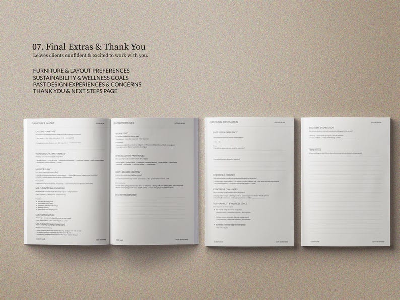 May include: Four open pages of a booklet with text on a light beige background. The text includes "07. Final Extras & Thank You" and other headings such as "Furniture & Layout Preferences" and "Sustainability & Wellness Goals".