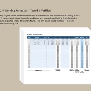 May include: A stack of white paper documents with a detailed plumbing estimate. The documents include item numbers, descriptions, quantities, and costs. Text at the top reads "2,277 Working Formulas - Tested & Verified".