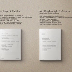 May include: Two white paper documents with text, one labeled "03. Budget & Timeline" and the other "04. Lifestyle & Style Preferences." The documents are on a beige background. The text includes phrases like "Keep money & deadlines on track."