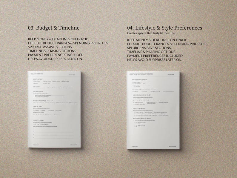 May include: Two white paper documents with text, one labeled "03. Budget & Timeline" and the other "04. Lifestyle & Style Preferences." The documents are on a beige background. The text includes phrases like "Keep money & deadlines on track."