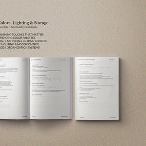 May include: Three open pages of a book with text on a beige background. The text includes "06. Colors, Lighting & Storage" and "2025 Trending Color Palettes". The pages are white with black text.