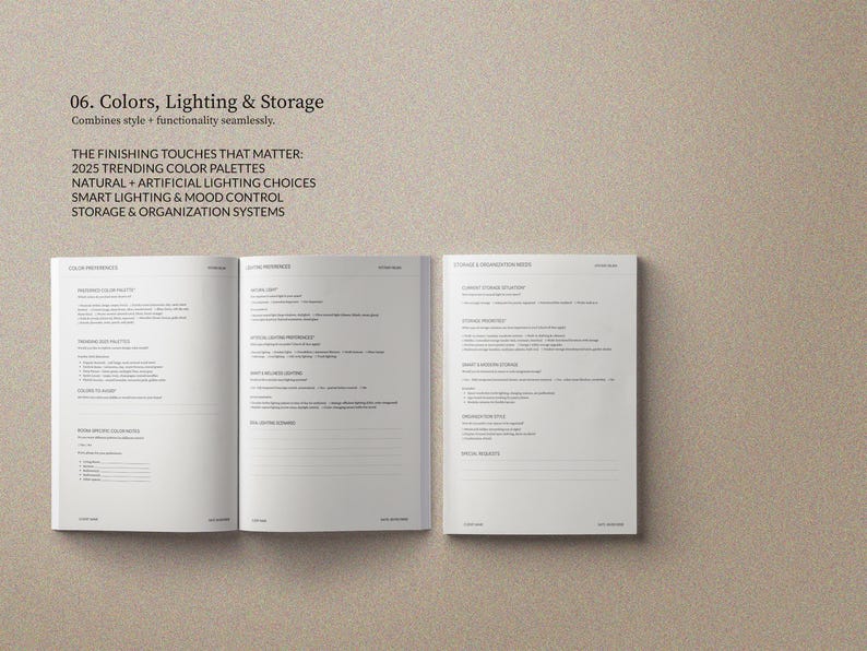May include: Three open pages of a book with text on a beige background. The text includes "06. Colors, Lighting & Storage" and "2025 Trending Color Palettes". The pages are white with black text.