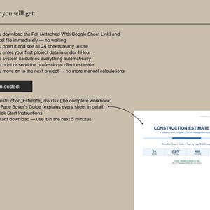 May include: A digital product titled "Construction Estimate Pro" with a blue and white design. The image includes a list of features, such as a complete workbook and a buyer's guide, and promises instant download.