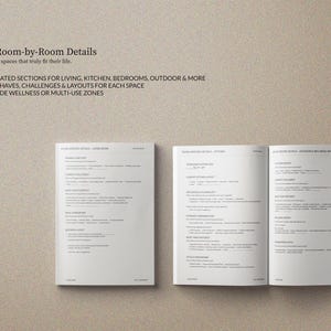 May include: Two open books with text on a beige background. The text reads "05. Room-by-Room Details" and "Creates spaces that truly fit their life." Additional text includes "DEDICATED SECTIONS FOR LIVING, KITCHEN, BEDROOMS, OUTDOOR & MORE".