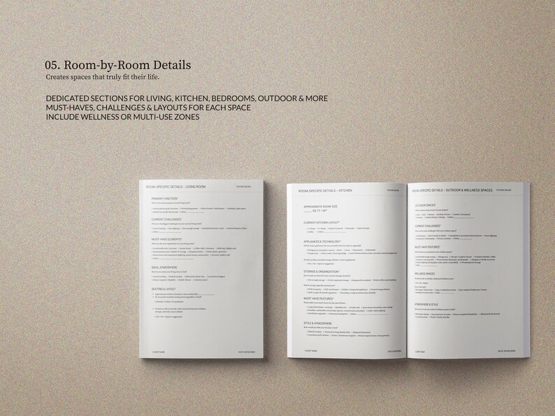 May include: Two open books with text on a beige background. The text reads "05. Room-by-Room Details" and "Creates spaces that truly fit their life." Additional text includes "DEDICATED SECTIONS FOR LIVING, KITCHEN, BEDROOMS, OUTDOOR & MORE".