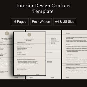 Può includere: Un modello di contratto di interior design con una combinazione di colori neutri. Il documento include sezioni per le parti coinvolte, l'ambito dei lavori e il budget. Il modello è precompilato e disponibile nei formati A4 e US. È visibile anche il testo "6 pagine".