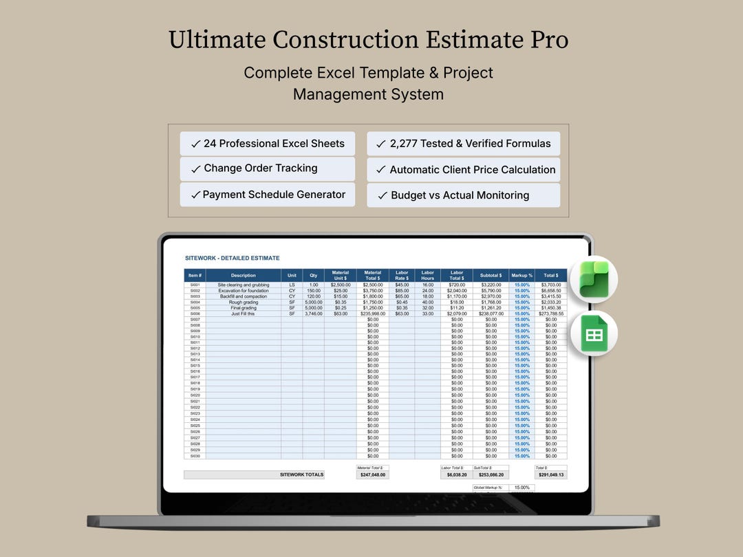 Construction Estimate Calculator Pro | Contractor Estimating Template ...