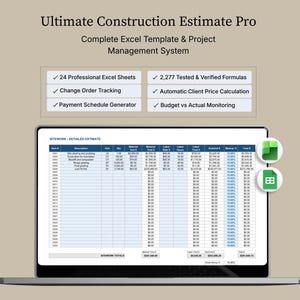 May include: A laptop screen shows a construction estimate spreadsheet. The text reads "Ultimate Construction Estimate Pro" and lists features like "24 Professional Excel Sheets". The spreadsheet has columns for description, quantity, and costs.