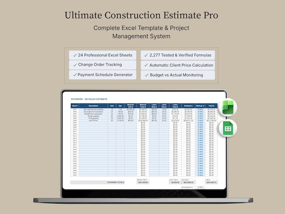 Construction Estimate calculator pro | Contractor Estimating template | 15 Trades Auto-Calculate | Professional Bid Quote