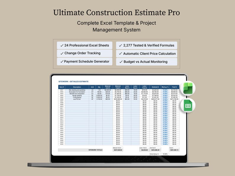May include: A laptop displays a construction estimate spreadsheet. The screen shows a detailed estimate with columns for description, quantity, unit, and costs. The text reads "Ultimate Construction Estimate Pro" and lists features like "24 Professional Excel Sheets."