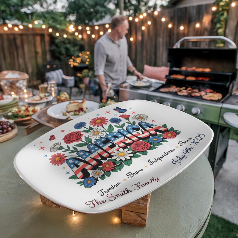 Personalized Floral Patriotic Platter Custom America BBQ Tray ...