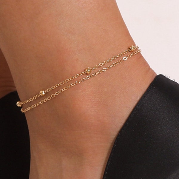 18K Gold Or 925 Silver Plated Simple Cable Chain With Round Beads Double Layered Anklet For Women - Gold Anklet, Silver Anklet, Cute Anklet